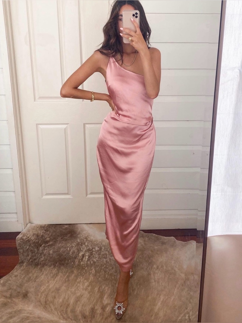 Petal & Pup One-Shoulder Satin Slip Dress in Coral